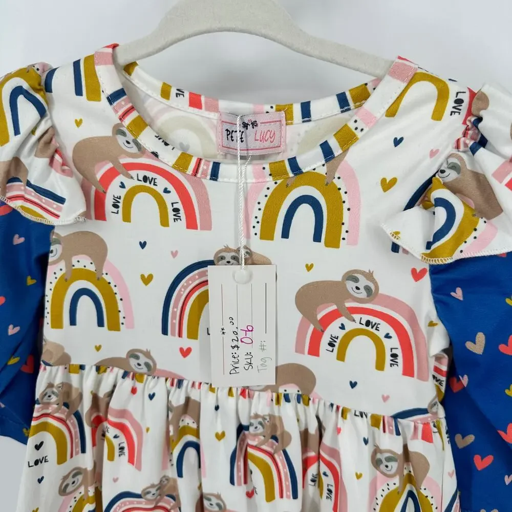 Pete + Lucy NWT Boutique Baby Girl Dress‎ Size 0-6M Sleepy Sloth Rainbow Love